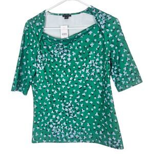 Ann Taylor Blouse Floral Blouse Women M Green Half Sleeve Top Square Neck Blouse